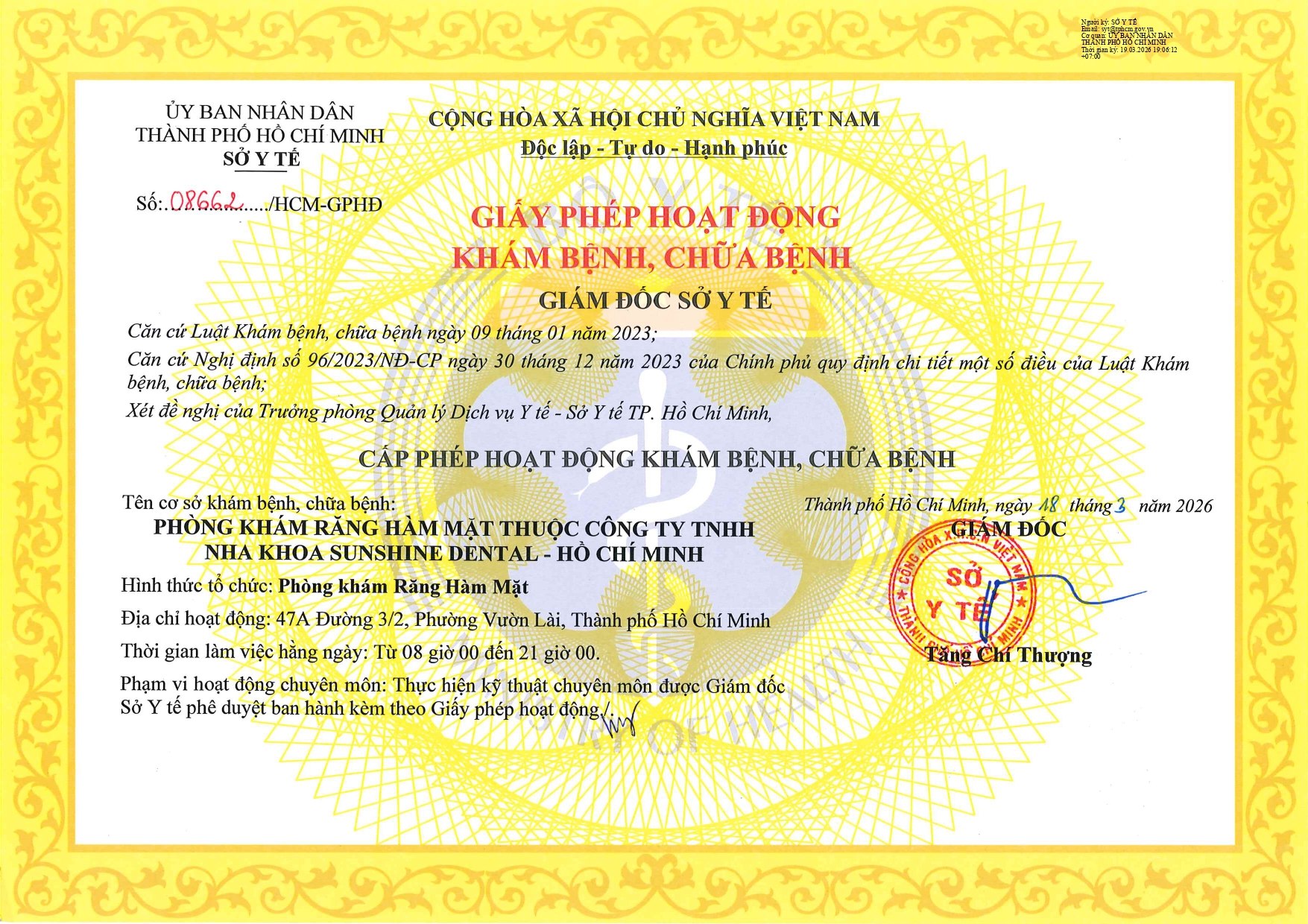 Cơ sở TP. Hồ Chí Minh: Giấy phép hoạt động số: 08662/HCM-GPHD do Sở Y tế TP.HCM cấp.